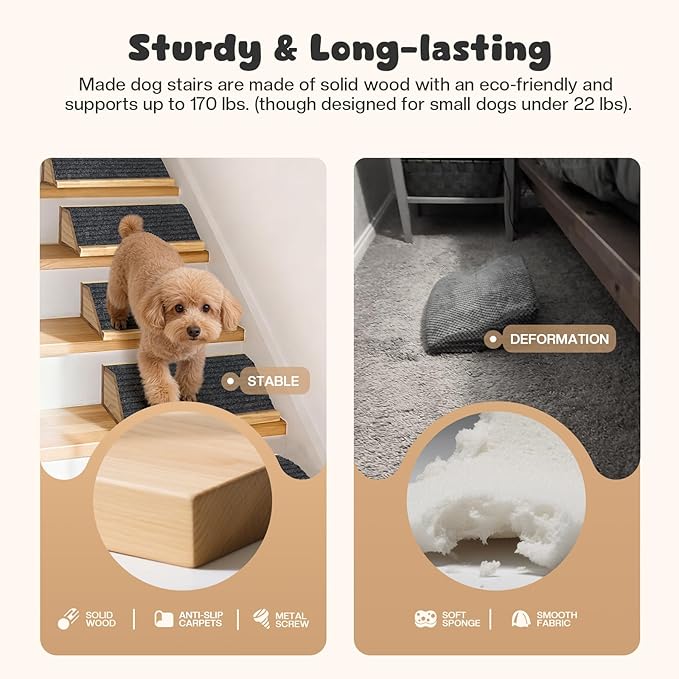 4-Pack Wooden Dog Ramp for Stairs, Anti-Slip Pet Steps for Small Dogs with Carpet Surface, Low-Angled Pet Ramps for Staircase, Steps and Stairs Assist for Injured & Aged Pets, Stairs Ramp for Dogs