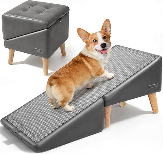 Dog Stairs for Small Dogs 16" H - Upgraded Non-Slip Dog Ramp for Bed and Couch, Foldable 2-in-1 Pet Ramp and Ottoman, Pet Stairs for Puppy, Pet Steps with Solid Wood Frame (Grey)