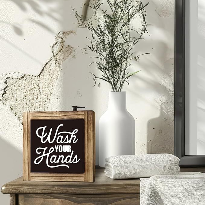 Bathroom Sign Decor, Wash Your Hands Sign, Rustic Wooden Tabletop Decor Sign, Washroom Wooden Block Sign, Freestanding Restroom Sign, Farmhouse Decor, Toilet Humor, Bathroom Table Art Prints