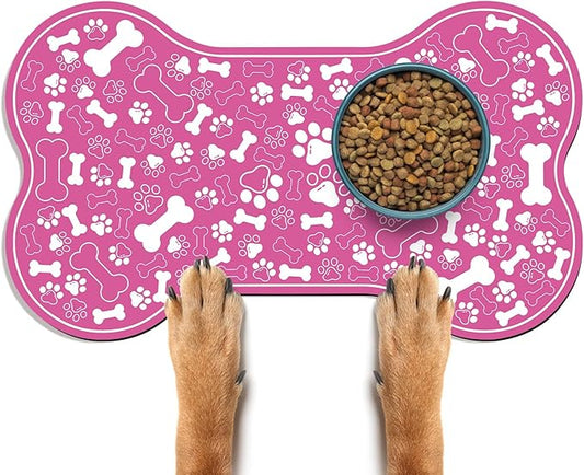 Dog & Cat Food Mat Bone Shaped Pet Feeding Mat Quick Absorb Water Bowl Placemat with Rubber Backing Indoor Floor Stain Resistant Pet Accessory Supplies (Pink, 17x29 Inches)