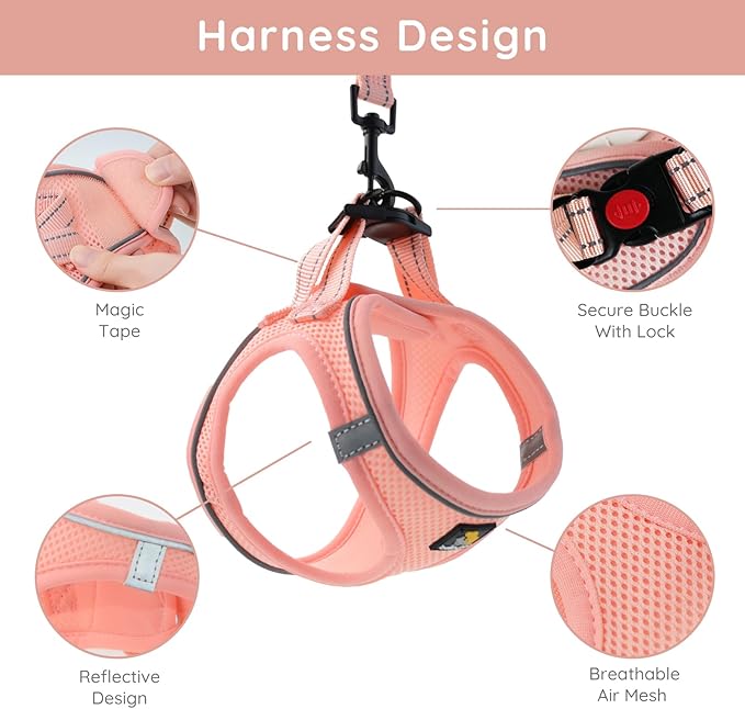 BELLA & PAL Step in Vest Harness for Small and Medium Dogs, No Pull Small Dog Harness with Leash Set, Comfortable Air Mesh Dog Vest Harness with Reflective Strip (Coral Pink, XXS)