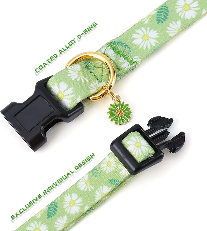 Cotton Handmade Dog Collar for Small Medium Large Dogs,Green Daisy with Pendant Cute Dog Collars (Small)