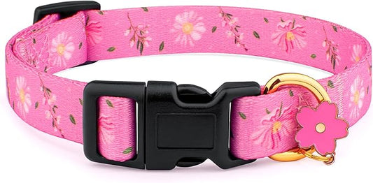Cotton Handmade Dog Collar for Small Medium Large Dogs,Pink Flowers with Pendant Cute Dog Collars (Small)