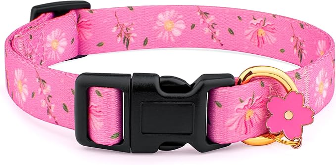Cotton Handmade Dog Collar for Small Medium Large Dogs,Pink Flowers with Pendant Cute Dog Collars (Large)