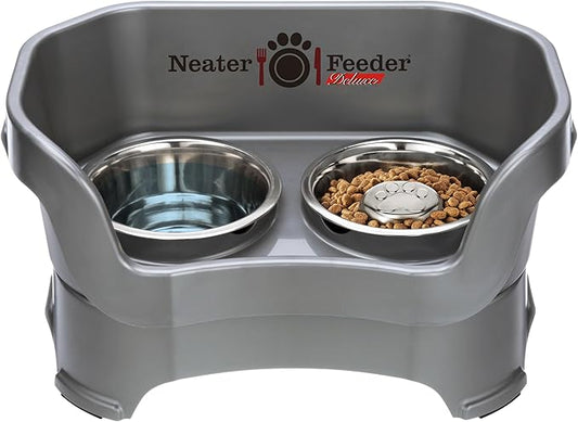 Neater Feeder Deluxe Mess Proof Dog Bowls Elevated for Medium Sized Breeds – Made in USA – No Spill Raised Slow Feeder Elevated Dog Bowl Stand, Stainless Steel Food and Water Bowl Set, Grey