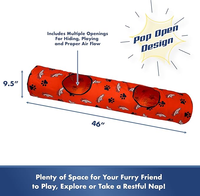 NFL Denver Broncos Cat Tunnel Tube Toy with Plush Football Catnip and Feathers Collapsible Tunnel for Cats to Play, Peek and Hide, Sporty & Fun Cat Tunnel Toy with Team Logo All-Over Design!