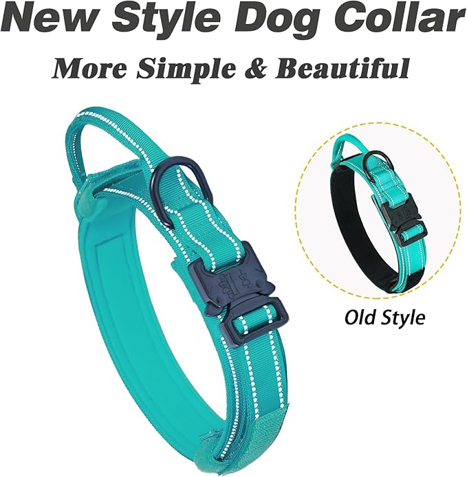 AUBELL Reflective Tactical Dog Collar,Adjustable Military Heavy Duty K9 Collars with Handle and Quick Release Metal Buckle Great for Medium Dogs, with Airtag Case and 2 Patches (Teal,M)