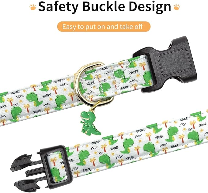 Cotton Dog Collar,Adjustable Cute Puppy Collar with Moon Patterned Design for Small Medium Large Dogs,Soft and Fancy Pet Collar with Safety Buckle for Girl Boy Dogs (Green Dinosaur, Medium)