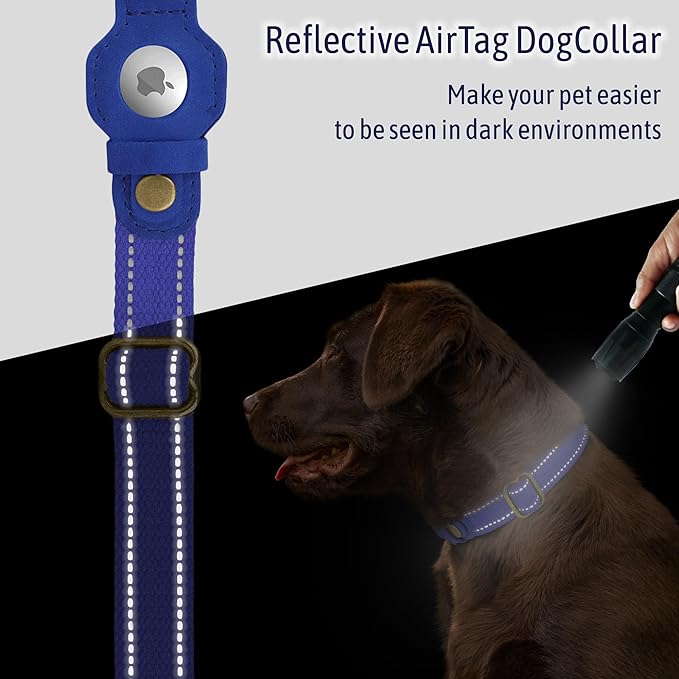 Reflective Leather Dog Collar with AirTag Holder - Soft Apple Airtag Dog Collar with Metal Buckle - Safety Cotton Pet Collars for Dogs Small Large Dogs Puppy (Green, L, 17"-21")