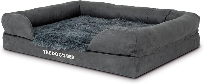 The Dog’s Bed Orthopedic Memory Foam Dog Bed with Bolsters, Fur Fabric, Grey Fur, L