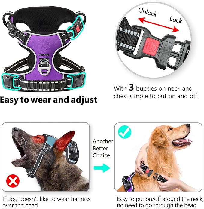 Timos Dog Harness Large Sized, No Pull with Neck Lockable Snap,No Choke Front Clip Dog Reflective Harness,Adjustable Metal Rings 3 Buckles,Easy Control Handle for Large Dogs Purple XL