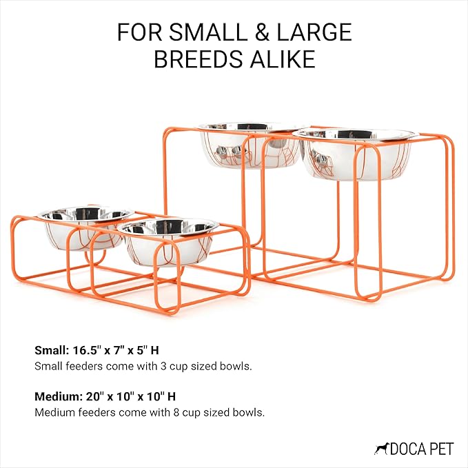 Wire & Dine Elevated Dog Bowls Stand for Small & Medium Sized Dogs & Cats - 2 Stainless Steel 3 Cup Dishes - Non-Skid, Modern Minimalist Design, Dishwasher Safe, Orange Frame - Made in USA