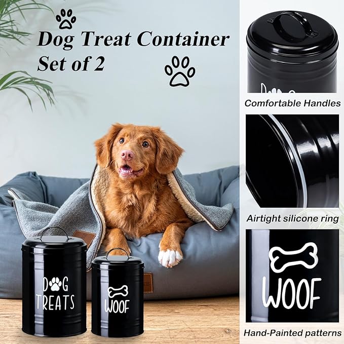 Dog Treat Container Airtight, Dog Treat Jar Set of 2 with Lid - 9x5.5''&7x4'' Metal Dog Cookie Jar for Farmhouse Kitchen Counter, Black Treat Jars for Pets, Treat Storage Container for Dogs, Cats