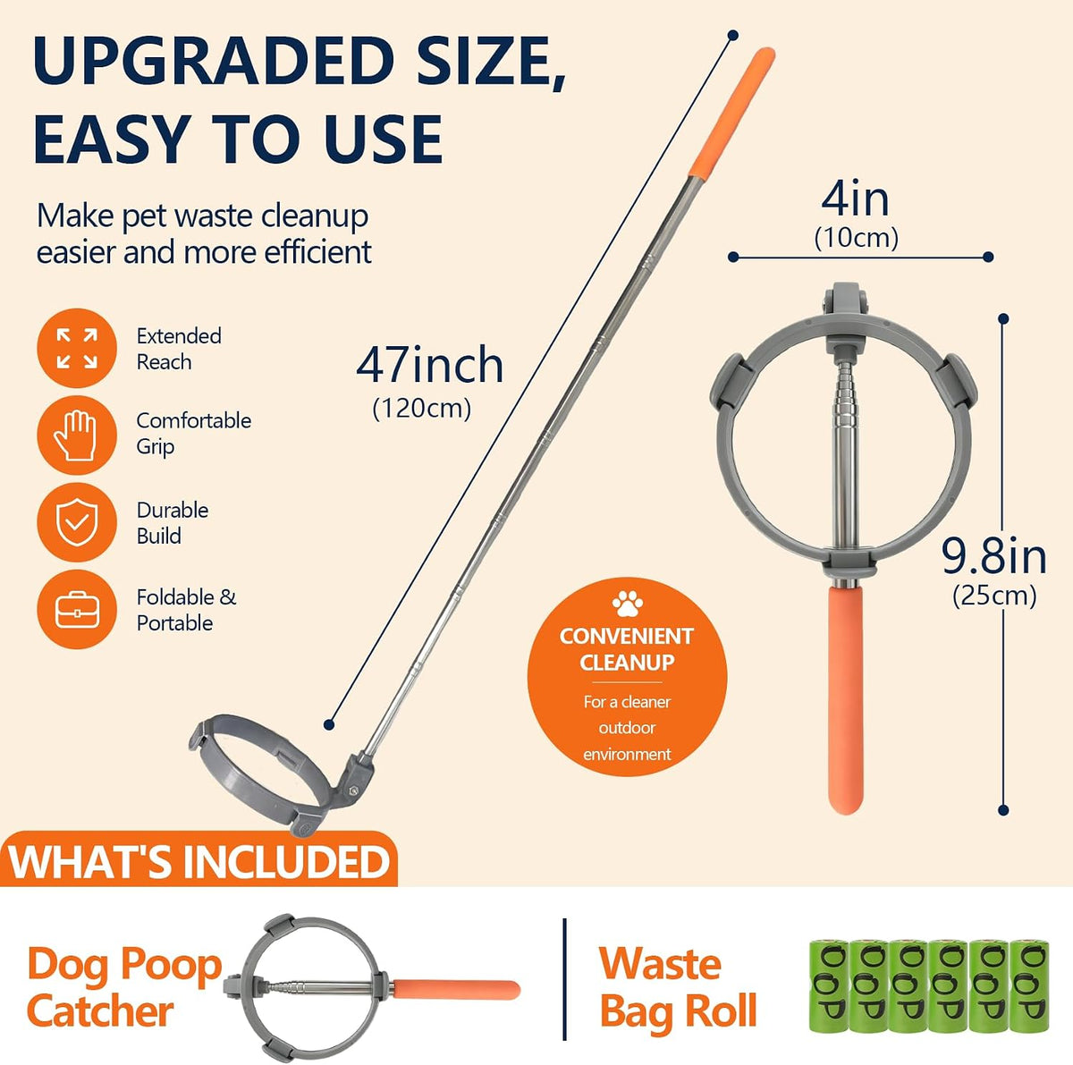 Dog Pooper Scooper with Bags, 47" Long Handle Dog Waste Picker Telescoping No-Bend Pet Pooper Scooper with Bag-Securing Tabs, Portable Dog Waste Picker for Yard, Walks & Travel