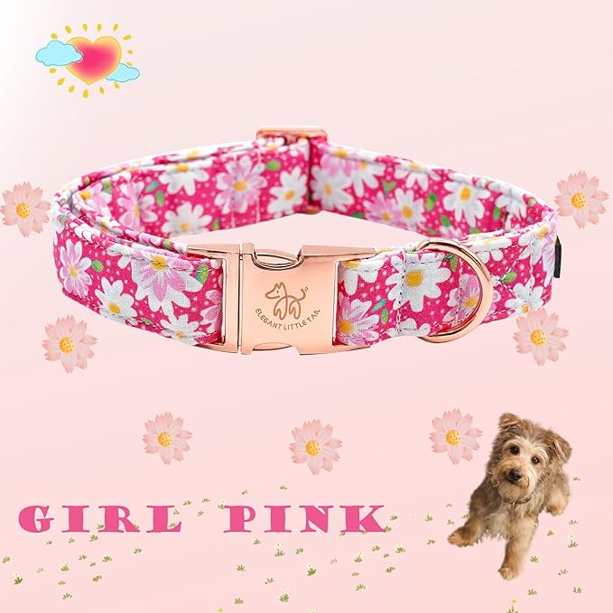 Elegant little tail Dog Collar, Pink Floral Pattern Pet Collar Durable Cute Dog Collars Summer Female Pet Gift Adjustable Dog Collar for Large Dogs