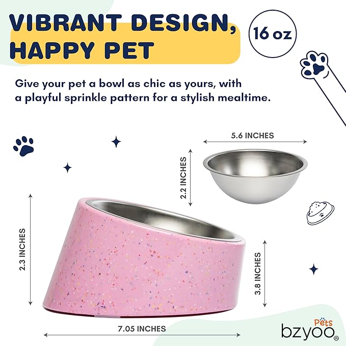 Bzyoo 2 Cup Tilted Dog Bowl for Small Dogs & Cats, Stylish Sprinkle Design, Elevated, Stainless Steel 16oz Inner Bowl, Non-Skid, Reduce Spillage, BPA-Free, Dishwasher Safe Color:Blue