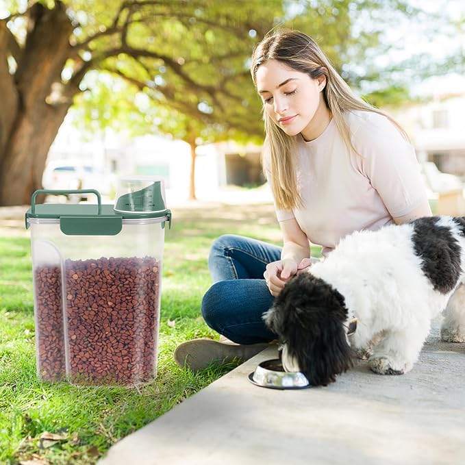 5-7lbs Cat Dog Storage Container Portable with Upgraded Large Spout and Cup, Plastic Pet Food Dispenser BPA-Free for Small Animal Kibble, Bird Seed, Oatmeal, Rice, Flour-2Pack Dark Green