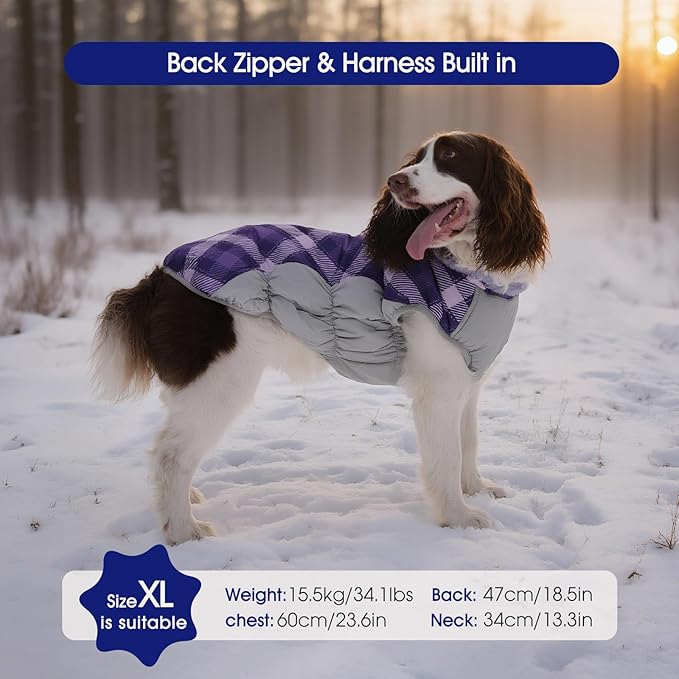 FUAMEY Dog Coat for Large Dogs,Waterproof Dog Winter Jacket with Harness Built in Puppy Cold Weather Coats Reflective Pet Vest with Zipper Warm Fleece Dogs Snowsuit Windproof Purple Plaid L