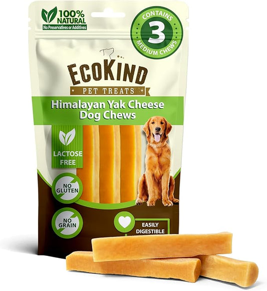 EcoKind Premium Gold Yak Cheese Himalayan Dog Chews, Healthy Dog Treats for All Dog Breeds & Sizes, All Natural, Long Lasting Dog Chew for Aggressive Chewers, High Protein Treat, Medium - 3 Chews