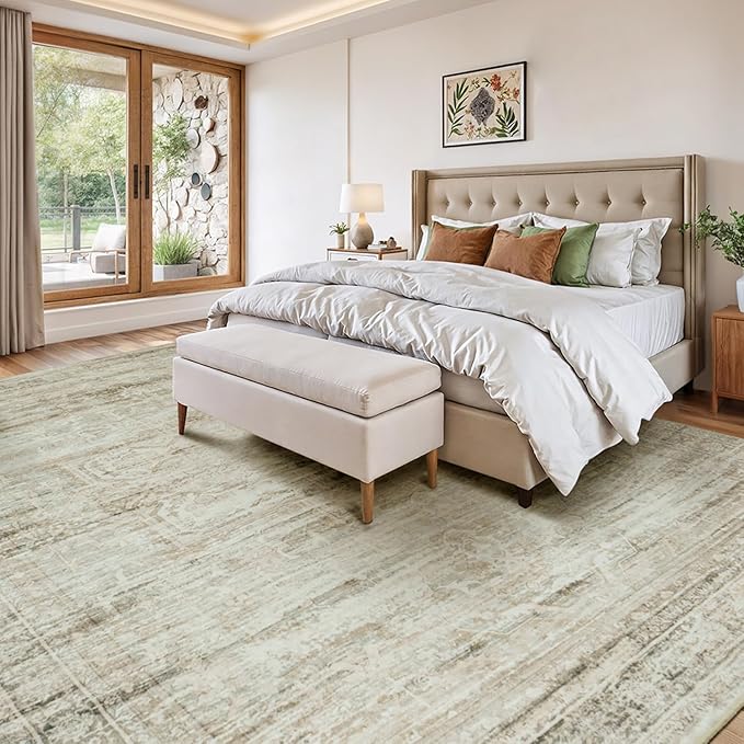 Washable Large Area Rugs 8x10 for Living Room Bedroom Dining Room, Luxury Cozy Neutral Retro Distressed Stain Resistant Beige Rug, Soft Faux Wool Non Slip Indoor Foldable Carpets
