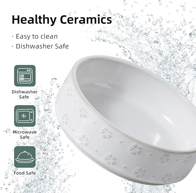 Wide Whisker Friendly Raised Cat Bowls Set with Acacia Wood Stand, Ceramic Food & Water Bowls for Cats, Puppy, Kitty, Relief Whisker Fatigue, Pet Bowl(1Bowl+1Dish+Stand, Arctic White)