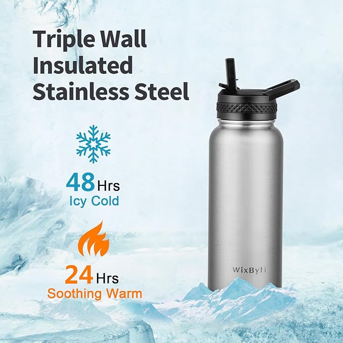 32 oz Insulated Water Bottle with Straw (Cold for 48 Hrs), Stainless Steel Triple Wall Vacuum Sports Water Jug, Leakproof Hydro Cup Flask with Paracord Handle & Straw Spout Lids & DIY Stickers