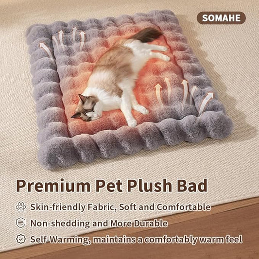 Self-Warming Cat Bed, Plush Faux Fur Pet Bed Mat with Anti-Slip Bottom, Ultra Soft Heated Pad for Cats & Kittens, Cozy Fluffy Bed for Window & Sills Couches, Machine Washable, 23x15 Inch Grey