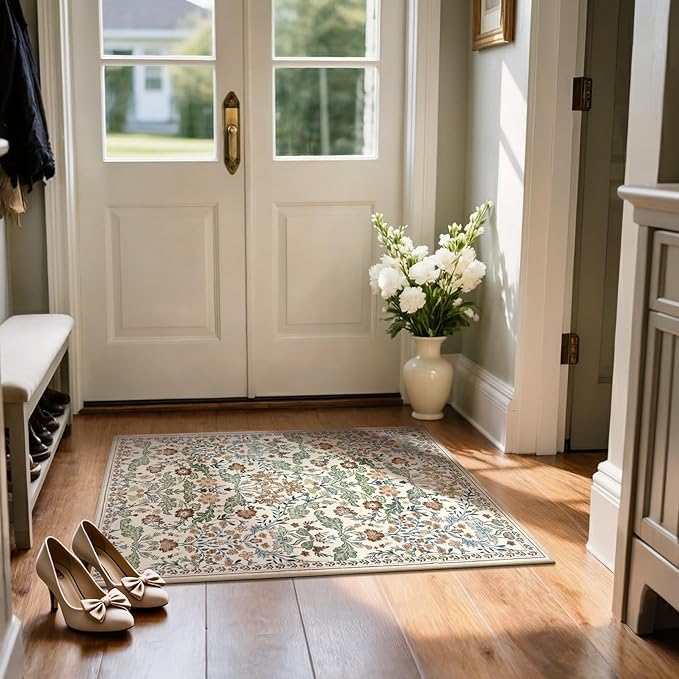 Floral Entryway Washable Rug: 2x3 Soft Low Pile Thin Indoor Front Door Mat, Non Slip Stain Resistant Vintage Flower Boho Accent Small Rugs for Bedroom, Kitchen, Bathroom, Nursery Entrance - Beige