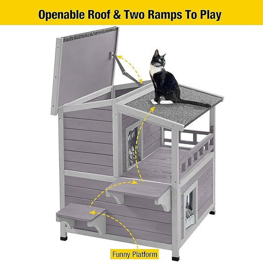 Aivituvin Outdoor Cat House Weatherproof Two Story Feral Cat Shelters with Escape Doors, Insulated Solid Wood, and Removable Middle Floor for Multiple Cats
