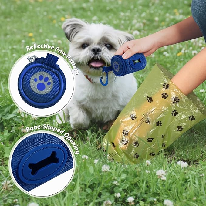 Dog Poop Bag Holder for Leash Doggie Waste Bag Dispenser Soft Fabric Puppy Potty Carrier Small Doggy Zipper Pouch with Carabiner Clip 1680D Nylon Oxford with 1 Roll of Pet Trash Bag, Royal Blue