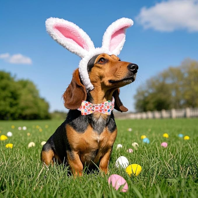 Maca Bates Easter Day Dog Collar with Fancy Bow Tie for Large Girl Boy Dogs, Pink Easter Egg,Chick Pattern,Adjustable Durable Soft Breakaway Collars for Male Female Puppy