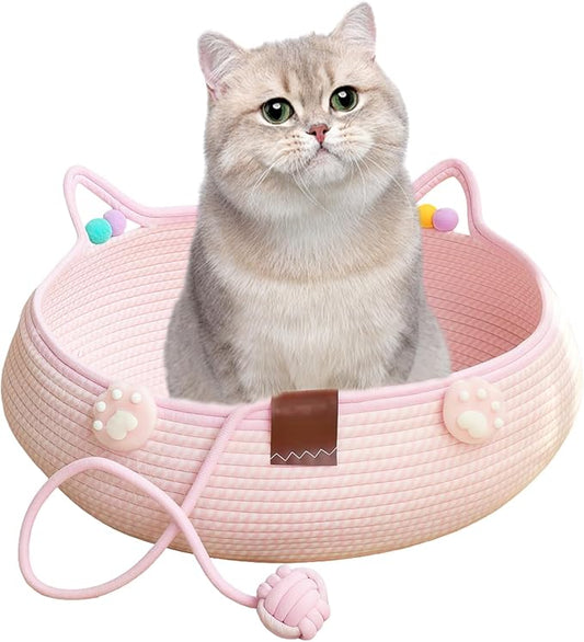 Woven Cat Bed Basket with Ears, Pink Cotton Rope Pet Bed for Indoor Cats, Small Dogs & Rabbits - Cute Basket with Pom Poms & Toy Ball (15.75x5.51 Inch)