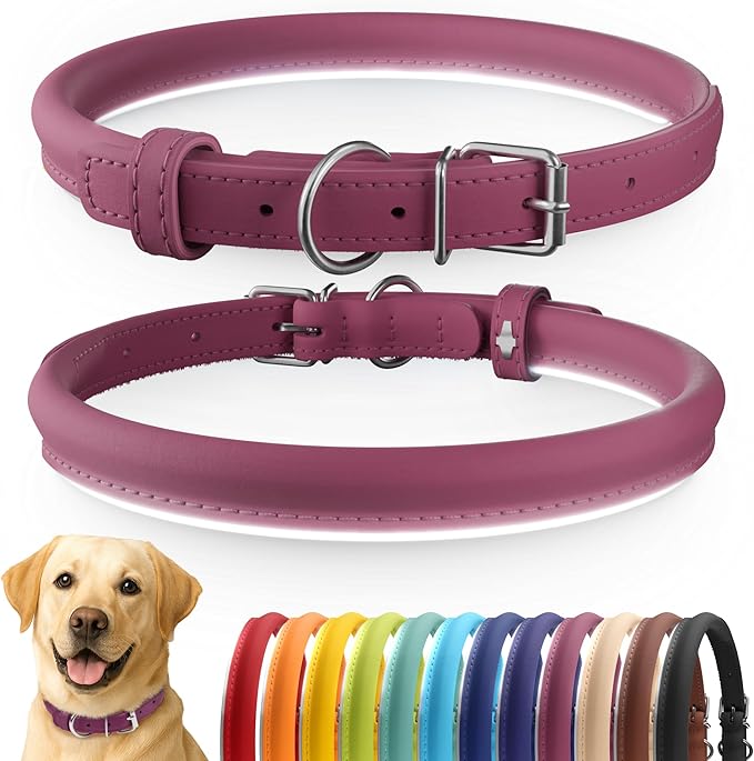 CollarDirect Rolled Leather Dog Collar, Soft Padded Round Puppy Collar, Handmade Genuine Leather Collar Dog Small Large Cat Collars 13 Colors (15-19 Inch, Pink Smooth)