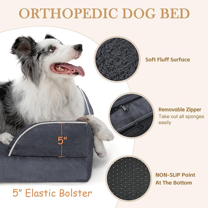 Comfort Expression Orthopedic Dog Bed for Extra Large Dogs 45x35 Inch, Waterproof Egg Crate Foam XL Pet Bed with Removable Bolsters, Dog Couch with Washable Cover & Non-Slip Bottom, Dark Grey