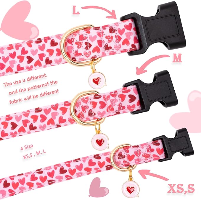 Faygarsle Valentine's Day Dog Collar - Cute Loving Heart Printed for Small Medium Large Dogs - Pink Cotton Collar for Girl and Boy Dogs L