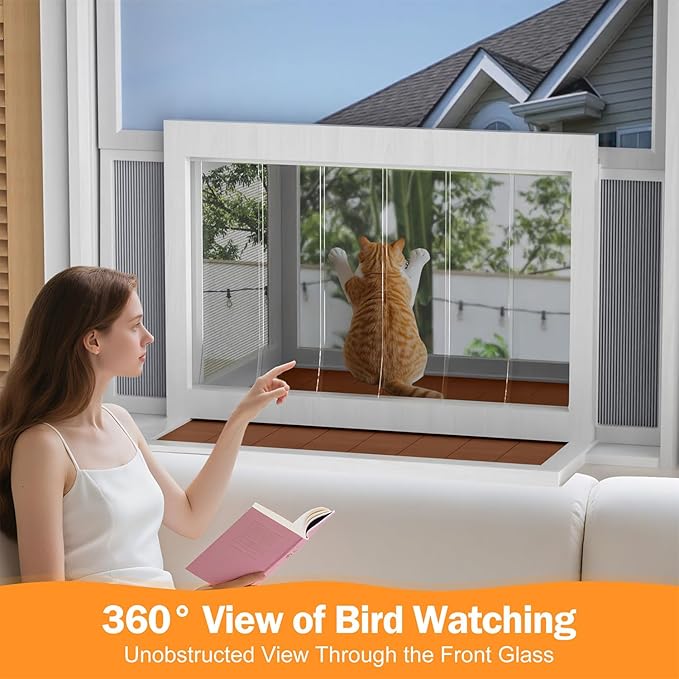Cat Window Box Catio, Clear Acrylic Outdoor Cat Enclosure, Expandable Universal Cats Window Perch (25.4"-43.3"), Weatherproof & Easy-Install Kitty Balcony for Sunbathing & Birdwatching (Walnut)