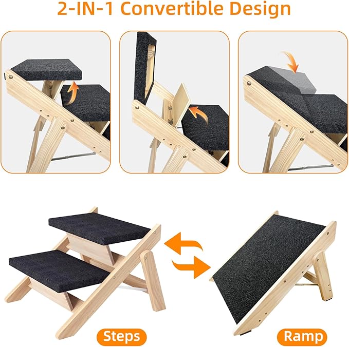 Dog Stairs/Ramp for Bed, Wooden Convertible Pet Steps, Portable Dog Step Up to 180 Pound for Elderly/Short-Legged Dogs, 2 Steps for Beds, Couch, Cars