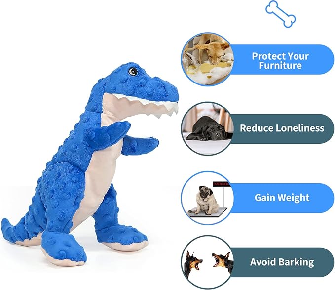 DODODOLA Dog Toys Dinosaur Dog Toy Blue Stuffed Animals Chew Toy Plush Squeaky Dog Birthday Toys for Small Large Big Dogs