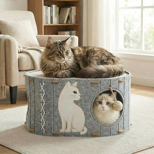 Cat House for Indoor Cats – Felt Covered Cat Bed Cave with Sisal Ball & Reversible Cooling & Warming Pad, Enclosed Hideaway Condo for Large Cats & Kittens, Cozy Multi-Cat Furniture, Gray