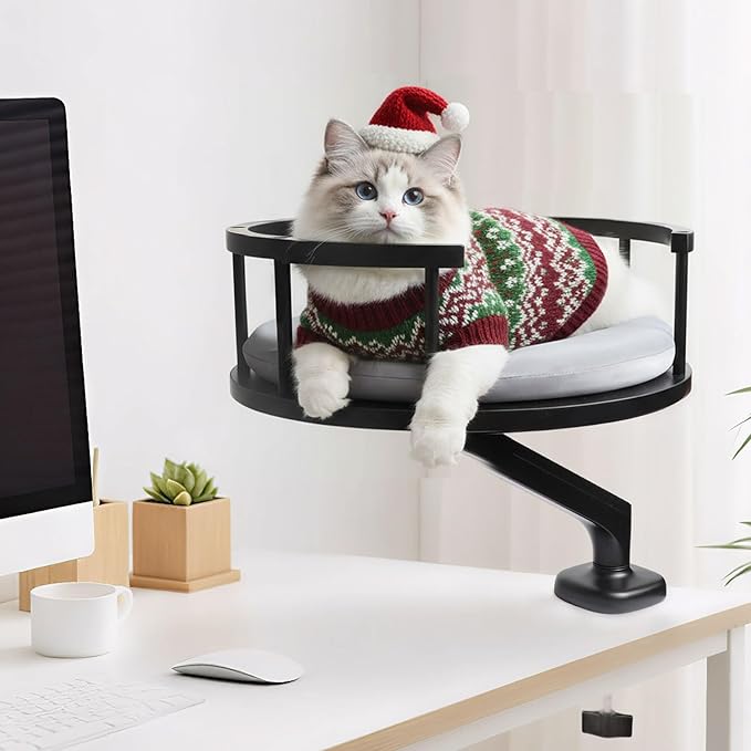 Cat Bed for Desk Solid Wood, Clamp-On Desktop Cat Perch with Memory Foam Cushion, Space-Saving Cats Bed Platform for Large Cats, No Drilling Needed, Elegant Pet Furniture for Office & Bedside