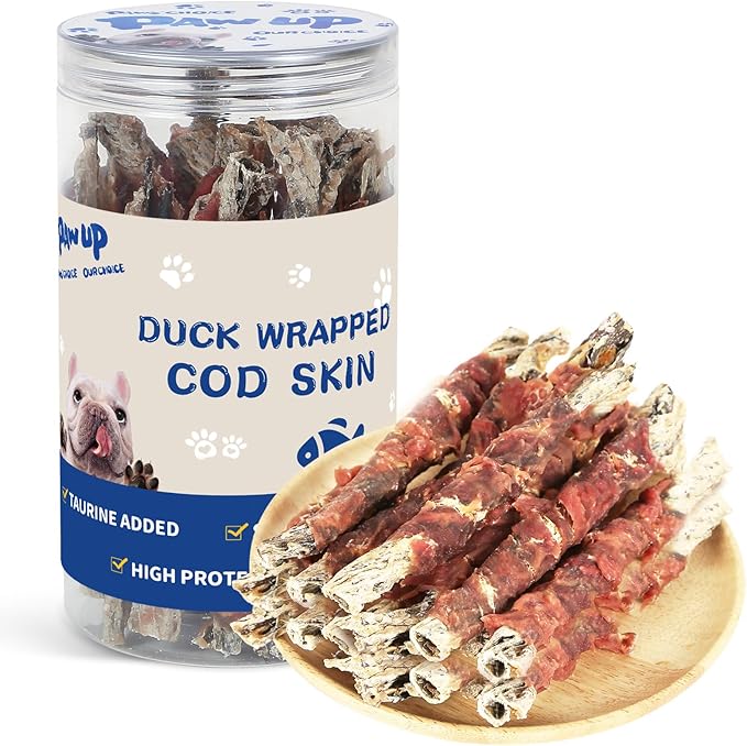 PAWUP Cod Skin Dog Treats with Duck Dog Snacks High Protein and Omega-3, Natural Dog Chews w/Taurine, 12.5 oz (12-15 Count)
