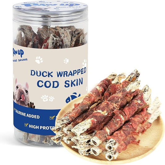 PAWUP Cod Skin Dog Treats with Duck Dog Snacks High Protein and Omega-3, Natural Dog Chews w/Taurine, 12.5 oz (12-15 Count)