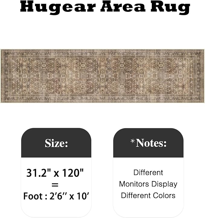 HUGEAR 2'6''x10' Runner Rug Hallway Vintage Brown Machine Washable Retro Floral Low Pile Carpet Vacuumable Distressed Long Throw Rug Bedroom Office Bathroom Kitchen Laundry Non Slip Soft Lightweight