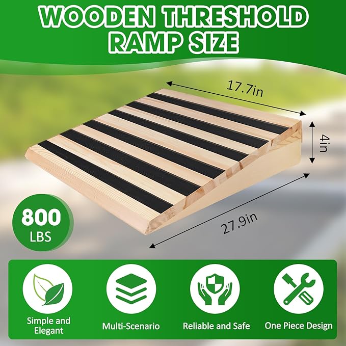 4 Inch Wooden Threshold Ramp for Home Steps(17.7" W*4.0" H, 17.7" W is not Wide Enough for wheelchairs, Please get More and Connect Multiple ramps to get a Wider one)