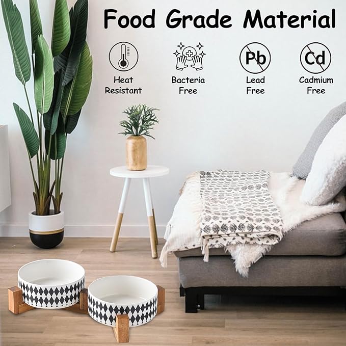 Petygooing Ceramic Dog Cat Bowl Set with Stand,Pet Food and Water Bowl,Small Dog Bowls Anti -Slip Set of 2 Cat Dishes Food Bowls Dish Small Size Pet (13.5OZ/5.1 in) Black Rhombus