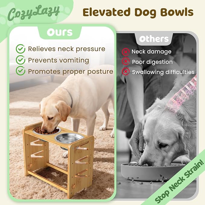 Elevated Dog Bowls, 6 Height Adjustable Raised Dog Bowl Stand with 2 Stainless Steel Bowls for Large, Already Painted, Medium and Small Dogs and Cats, 15" High Bamboo Pet Food Feeder