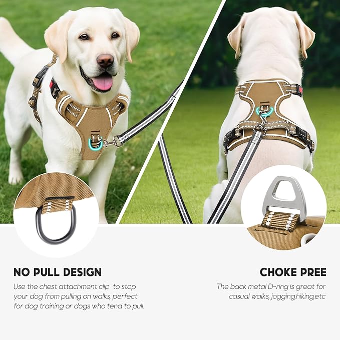 Timos Dog Harness Small Sized, No Pull Pet Harness with Neck Lockable Snap,No Choke Front Clip Dog Reflective Vest,Adjustable Metal Rings 3 Buckles,Easy Control Handle for Small Dogs Khaki S