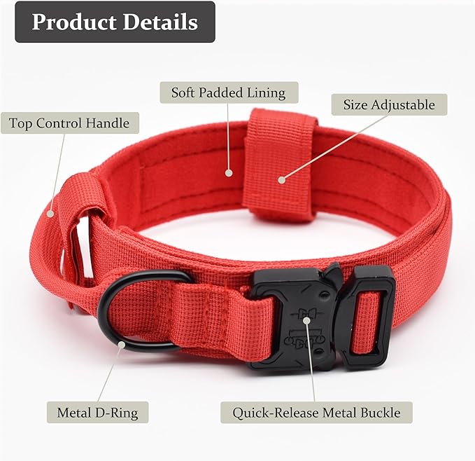 Tactical Dog Collar, Adjustable Military Training Nylon Dog Collar with Control Handle and Heavy Quick-Release Metal Buckle for Small Medium Large Dogs, Red XXL