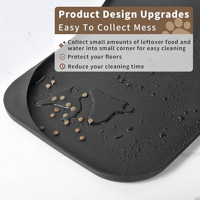 Silicone Pet Food Mat with Raised Edge for Food and Water Bowl, Dog Feeding Mats, Cat Food Trays for Floor Waterproof, Rubber Tray for Dogs and Cats, 17 x 12 x 0.7 Black