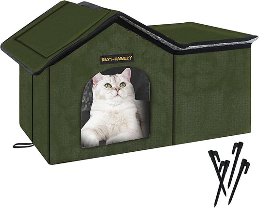 Rest-Eazzzy Cat House for Outdoor Cats, Weatherproof and Insulated Feral Cat House with Mat and Clip, Easy to Put Together, Selfwarming Cat Shelter for Winter(Green, Waterproof House-S)